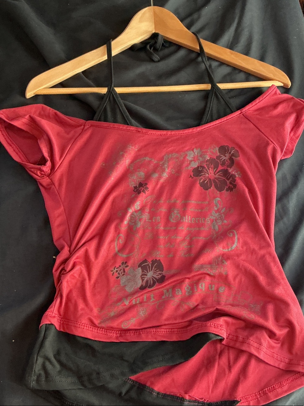 Amazon Red Off-Shoulder Floral Crop Top with Black Inner Straps